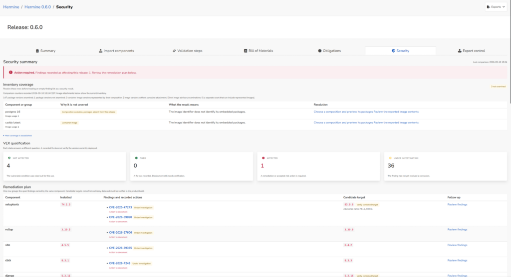 Tableau récapitulatif des vulnérabilités identifiées et de l'état de leur curation